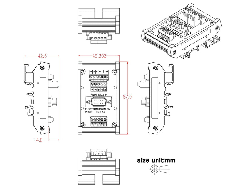 [Australia - AusPower] - Electronics-Salon D-SUB DB15HD Male DIN Rail Mount Interface Module, Breakout Board. 