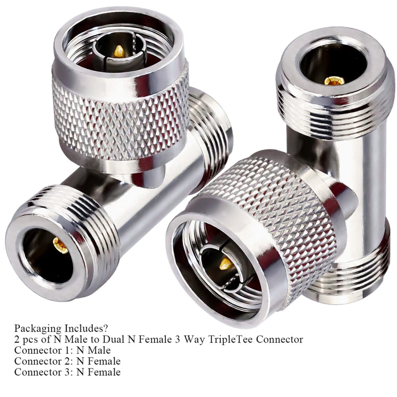 [Australia - AusPower] - TUOLNK 2 Pack N-Type Male to Dual 2 N-Type Female Triple Tee Connector N Type Coax Adapter T Shape 3-Way Splitter for Extension Cable T Type Triple 