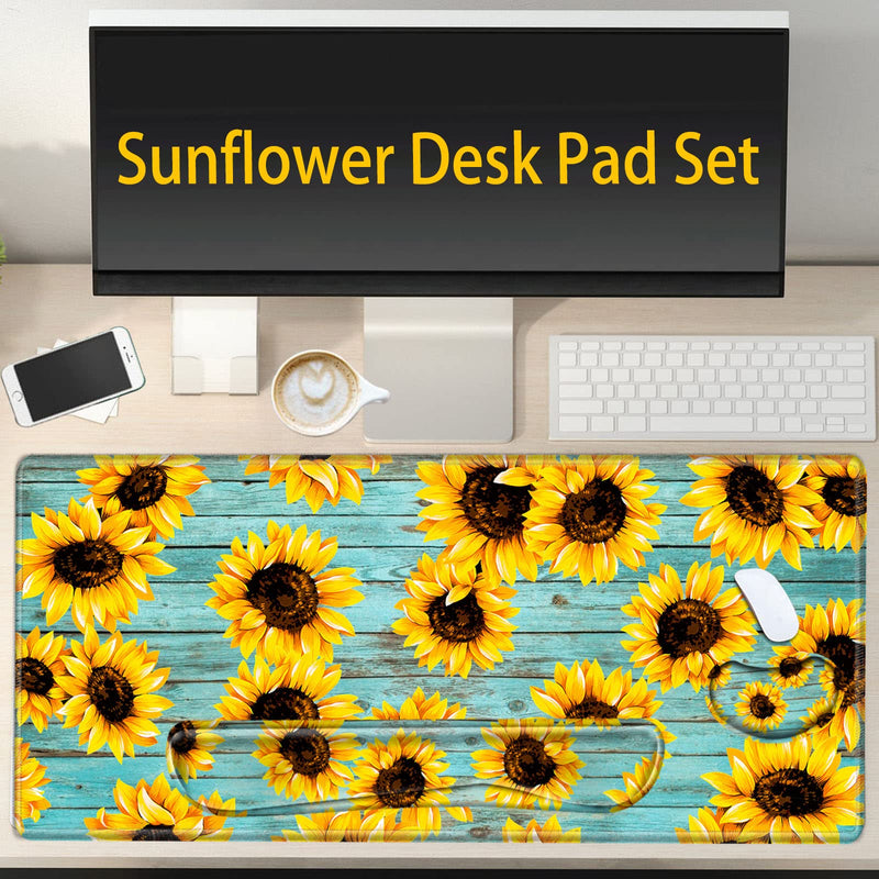 [Australia - AusPower] - Keyboard Wrist Rest and Desk Mats On Top of Desks- Sunflower Desk Pad Wrist Rests for Keyboard and Mouse 31.5" x 15.75" Large Mouse Pad XXL Desk Organization Decor for Women Office Sunflower Teal 