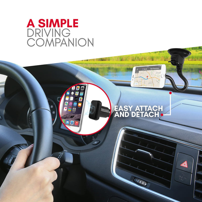 [Australia - AusPower] - Macally Magnetic Phone Car Mount - Windshield Phone Holder for Car with 12" Long Arm, Suction Cup, & Super Strong Magnet for All Smartphones, iPhones, Samsung, etc. - Flexible Car Phone Mount Magnetic Magnetic Windshield 