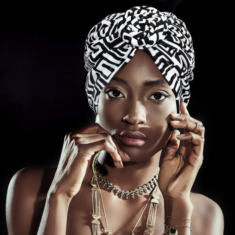 [Australia - AusPower] - SATINIOR 3 Pieces African Turban for Women Knot Pre-Tied Bonnet Beanie Cap Headwrap Black Orange Pink Geometry 