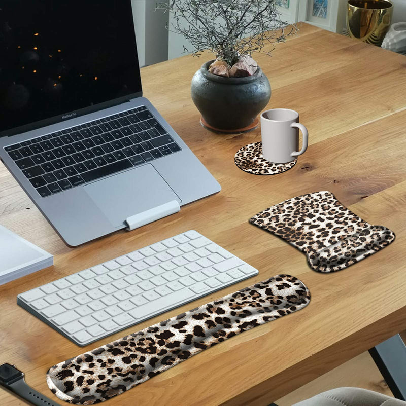 [Australia - AusPower] - Keyboard Wrist Rest Pad & Mouse pad with Wrist Rest Support Set,Ergonomic Gaming Mouse Pad Coaster Keyboard Wrist Support with Memory Foam for Easy Typing Pain Relief - Leopard Print 