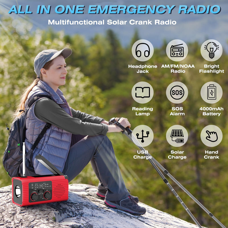 [Australia - AusPower] - 【2023 Newest】 NOAA Emergency Weather Radio, 4000mAh Weather Alert Radio Solar Charging, Hand Crank & USB Charged, AM/FM Radio with LED Flashlight, Reading Lamp, SOS Alarm, Headphone Jack for Outdoor Red 