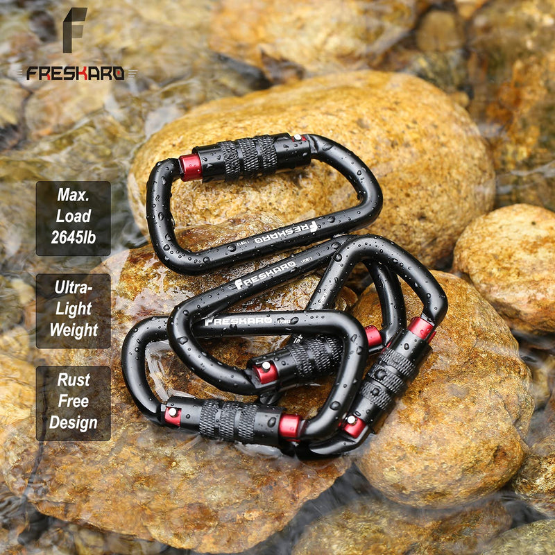 [Australia - AusPower] - FresKaro 3inch Auto Locking Carabiner Clips, Solid D Shape Style, Strong and Heavy Duty Hold Max 2698lbs, Ultra Light 1.09oz, Black (Black, Pink) Black-3pcs 
