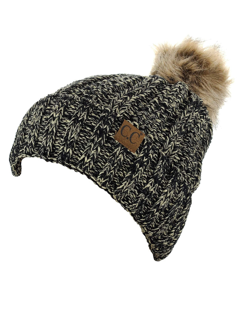 [Australia - AusPower] - C.C Thick Cable Knit Faux Fuzzy Fur Pom Fleece Lined Skull Cap Cuff Beanie 2 Tone Black/Dark Beige 