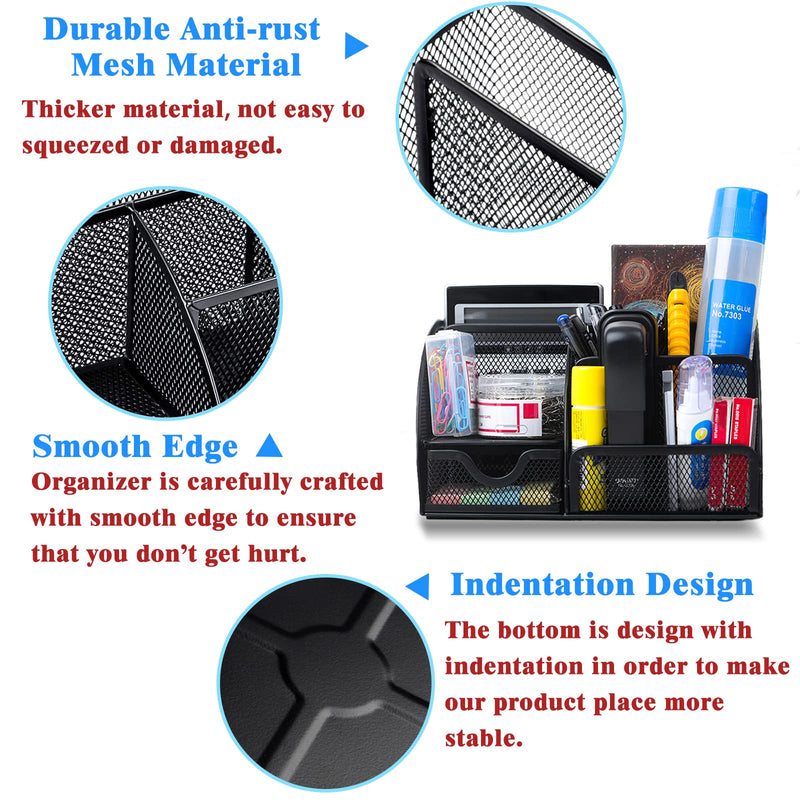 [Australia - AusPower] - Office Desk Organizers Multi-Functional Black Mesh Metal Desktop Accessories Office Supplies with 6 Compartments and 1 Storage Drawer for Home Office School Workshop 