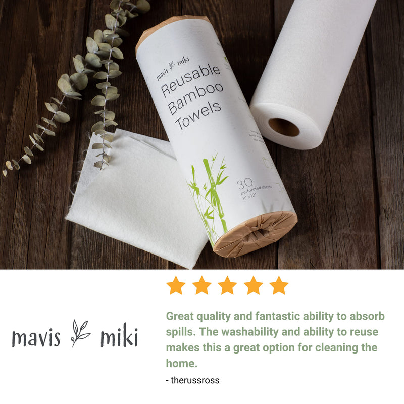 [Australia - AusPower] - Bamboo Towels by MAVIS MIKI, 30 Sheets 1 roll, Washable & Reusable, Heavy Duty & Durable, Kitchen Paper Replacement, Strongly Absorbent, Zero Waste, Lint Free Unpaper Towel 