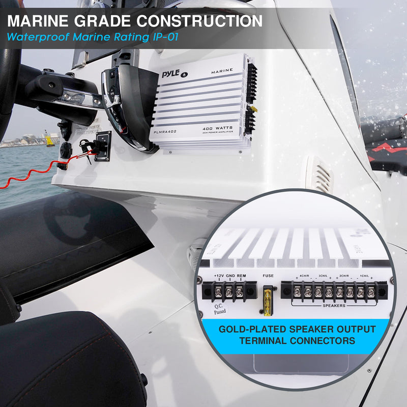 [Australia - AusPower] - Pyle Hydra Marine Amplifier - Upgraded Elite Series 400 Watt 4 Channel Audio Amplifier - Waterproof, Dual MOSFET Power Supply, GAIN Level Controls, RCA Stereo Input & LED Indicator - PLMRA402 Marine Amplifier Elite 