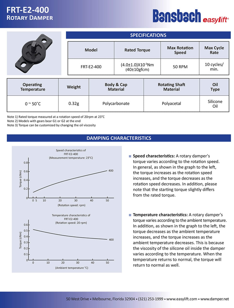 [Australia - AusPower] - Bansbach Easylift FRT-E2-400 Rotary Dampers/Standard, 19 mm x 6 mm x 6 mm 