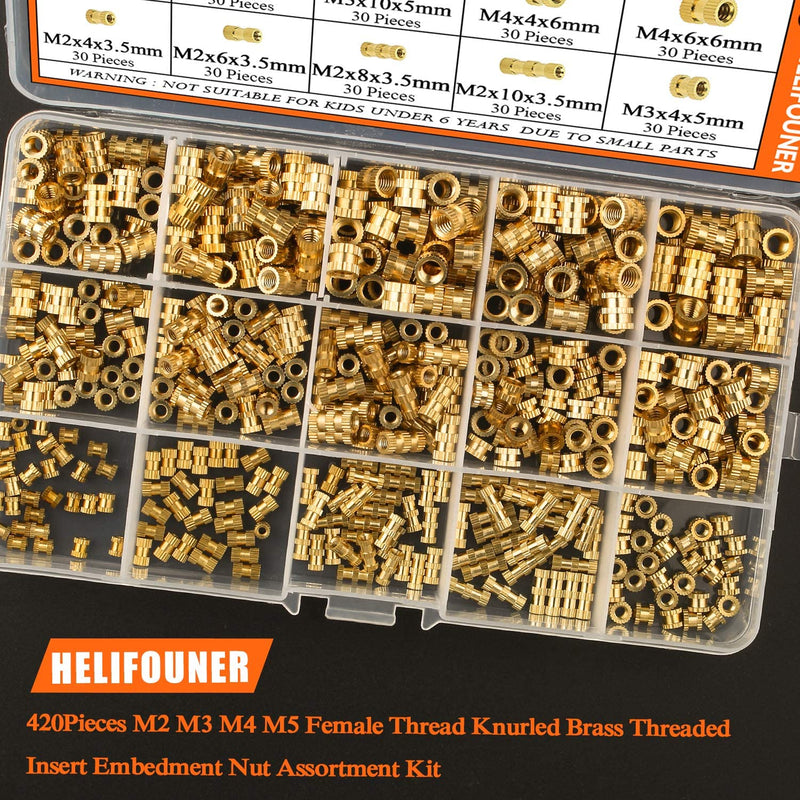 [Australia - AusPower] - HELIFOUNER 420 PCS M2 M3 M4 M5 Female Thread Knurled Nuts Brass Threaded Insert Embedment Nuts Assortment Kit 