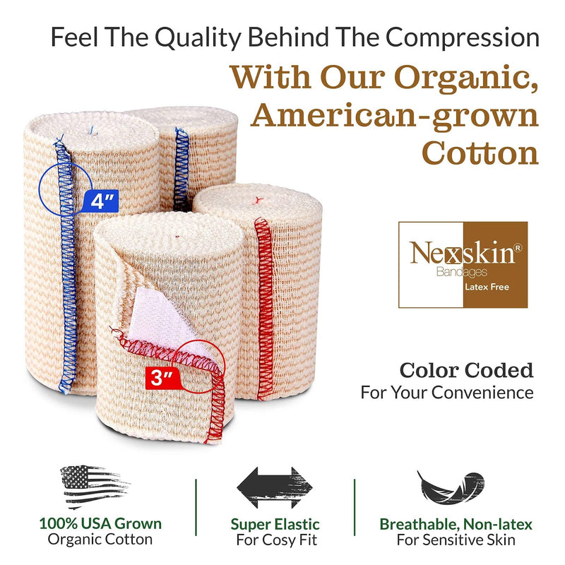 [Australia - AusPower] - Premium Elastic Bandage Wrap (4” Wide, 6 Pack) - Nexskin Latex Free Athletic/Medical Compression Bandages Hook & Loop Fasteners at Both Ends - Lifetime Washable & Reusable USA Organic Cotton Bandage 4 Inch (Pack of 6) 