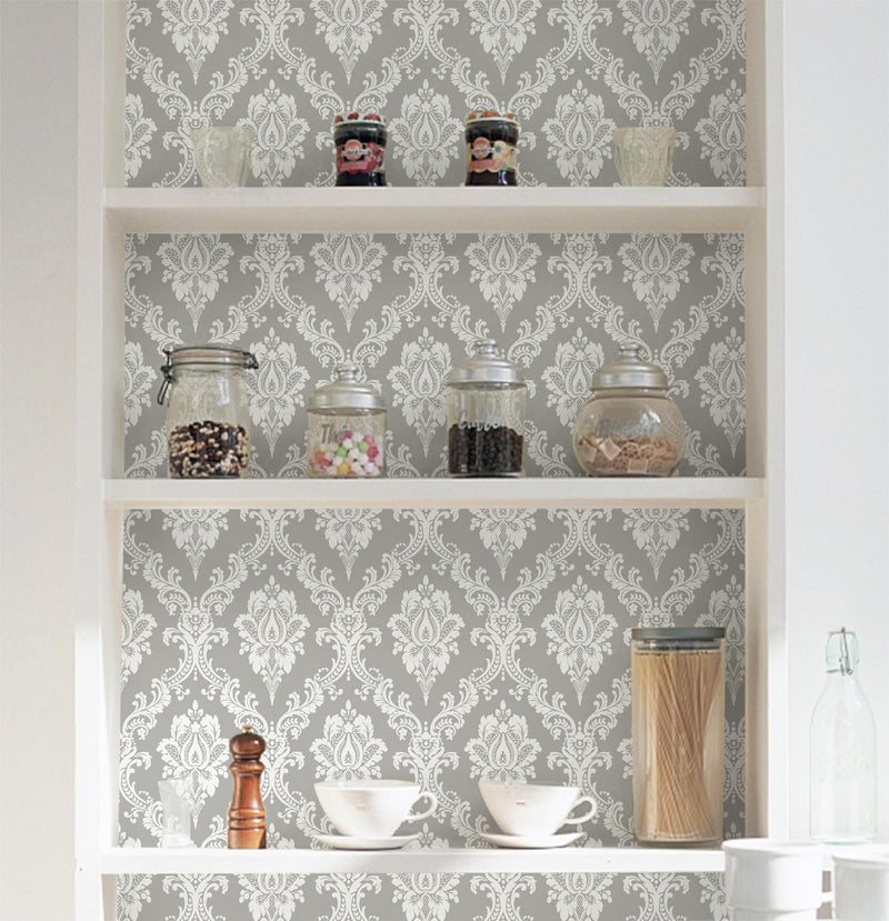 [Australia - AusPower] - Micpolo Peel and Stick Wallpaper Grey and White Contact Paper for Cabinets and Drawers Damask Wallpaper Removable Grey Peel and Stick Wallpaper for Bedroom Bathroom Shelf Liner Wall Decor 17.7"Ã—78" 17.7"X78" 