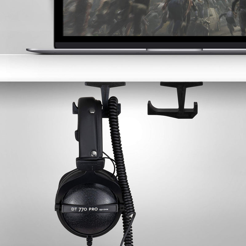 [Australia - AusPower] - BRAINWAVZ BigJ Under Desk Headphone Stand (2 Pack) Hanger Holder Mount for Headphones, Gaming Headsets, Mobiles Accessories, Stick On, No Screws (Black) 