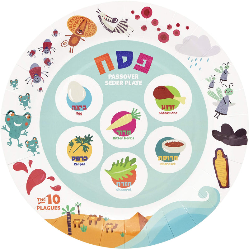 [Australia - AusPower] - Passover Disposable Seder Plate Set - Ten Plagues Design - 9" and 7" Plates, Cups, Napkins, and Place Cards, 120 Piece Set, Serves 24 People 