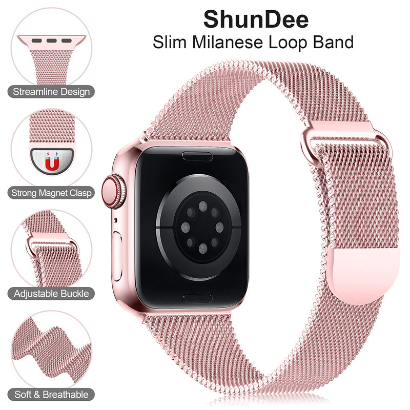 [Australia - AusPower] - Slim Metal Band Compatible with Apple Watch Bands 38mm 40mm 41mm Women, Thin Narrow Stainless Steel Mesh Milanese Loop Magnetic Replacement Strap for iWatch Series SE 6 5 4 3 2 1 (Patents Peding) Rose Pink 38MM/40MM/41MM 