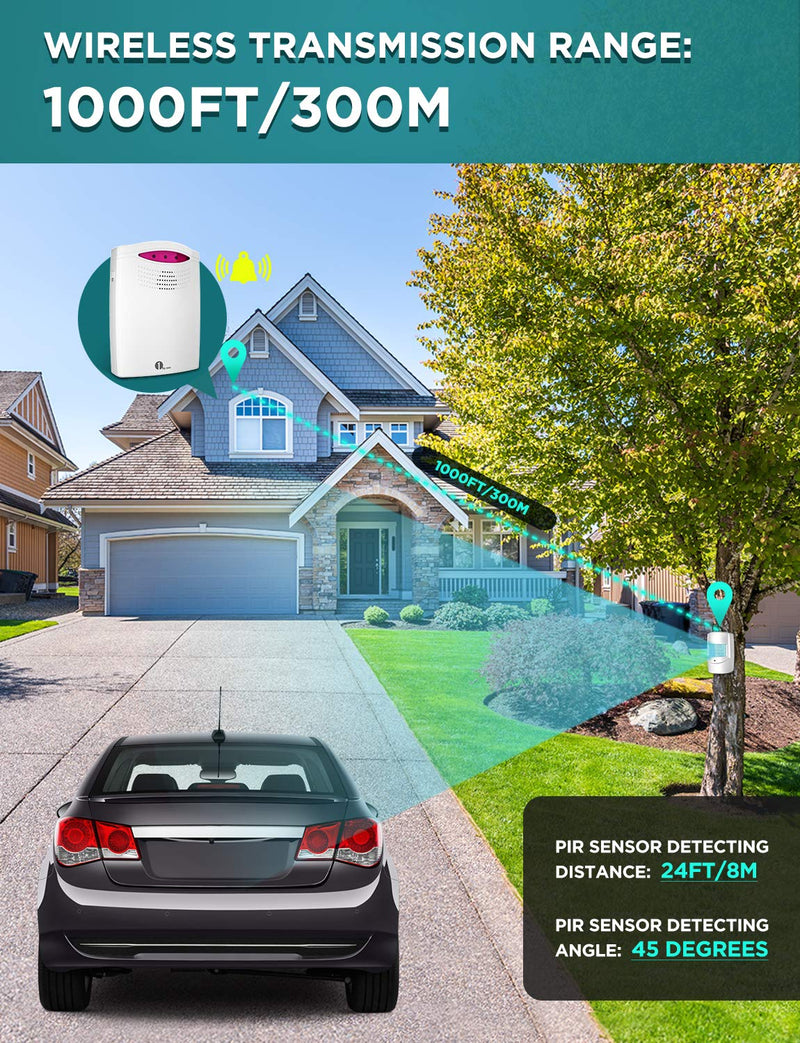 [Australia - AusPower] - Driveway Alarm Wireless Outside, 1byone Motion Sensor Alarm 1000 FT Range Extra Loud Chimes Home Security Alarm System with 1 Receiver 2 Weatherproof Infrared Sensors Protect Indoor/Outdoor Property 1 receiver 2 PIR sensors 