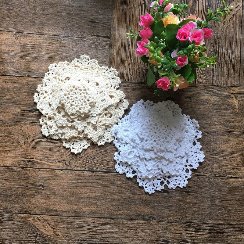 [Australia - AusPower] - MINDPLUS Set of 24 Hand Crochet Doilies Cotton Crocheted Lace Doilies 2-7 Inches Snowflake Style White Beige Vintage (White&Beige) White&beige 