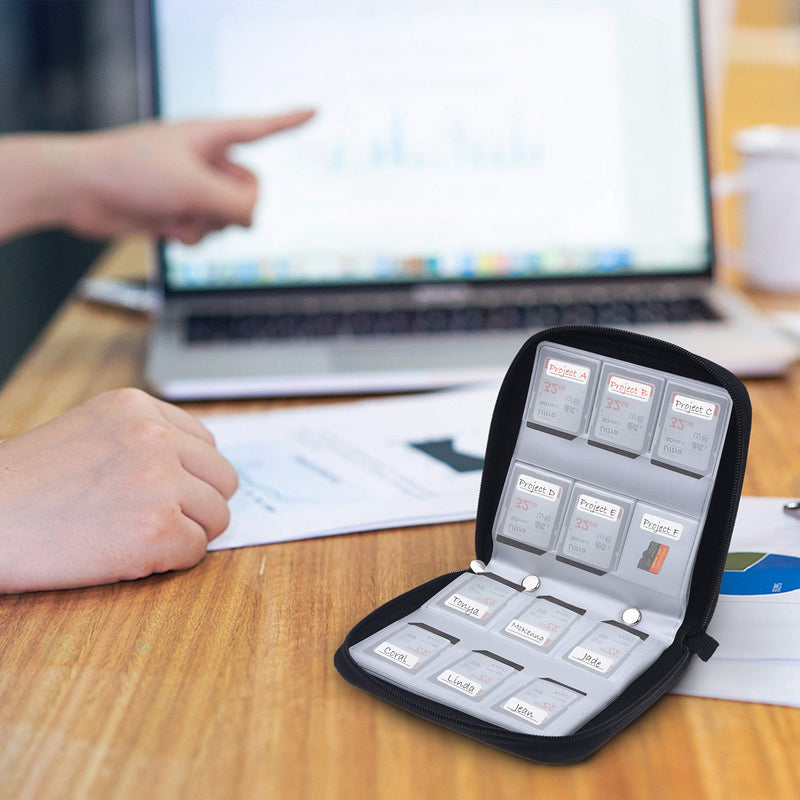 [Australia - AusPower] - Memory Card Case - Fits up to 88x SD, SDHC, Micro SD, Mini SD and 4X CF - Holder with 88 Slots (8 Pages) - for Storage and Travel - Microfiber Cleaning Cloth, Carabiner and Labels Included (Black) 