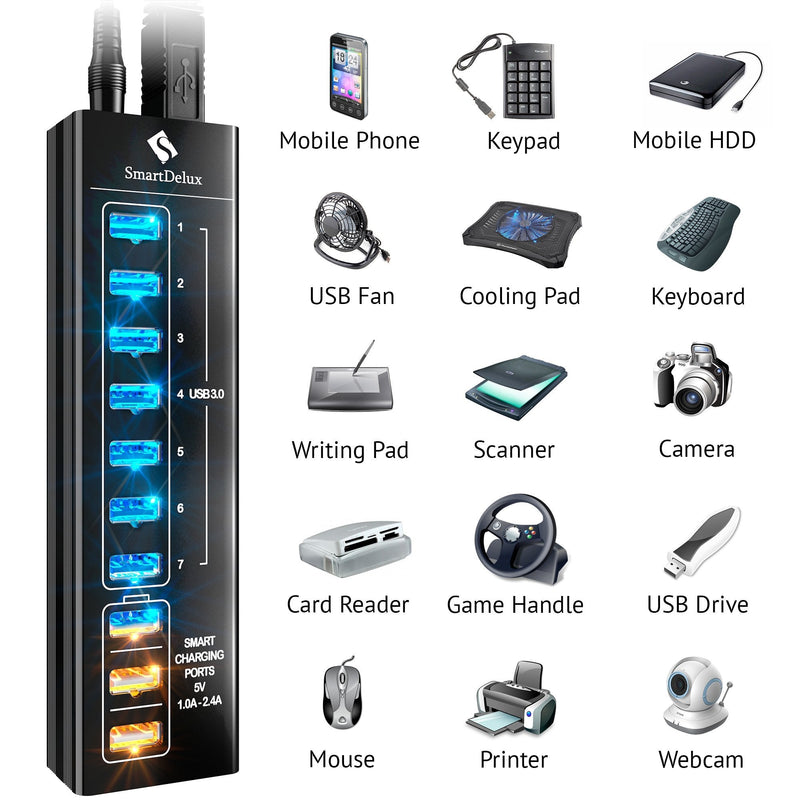 [Australia - AusPower] - SmartDelux Powered USB Hub - 10-Port USB 3.0 Hub with 7 USB 3.0 Ports, 3 Smart Charging Ports, Power Adapter, Long Cord, LEDs - Black Aluminum 10-port USB Hub 