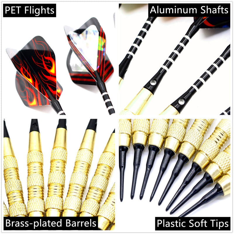 [Australia - AusPower] - ROOBEEO Soft Tip Darts 12 Pcs 18g Plastic Tip Darts Set with Brass Steel Barrels&Aluminum Shafts,200 Extra Dart Tips 42 Dart Flights 20 Extra Rubber Rings and 1 Storage Bag for Electronic Dart Board 