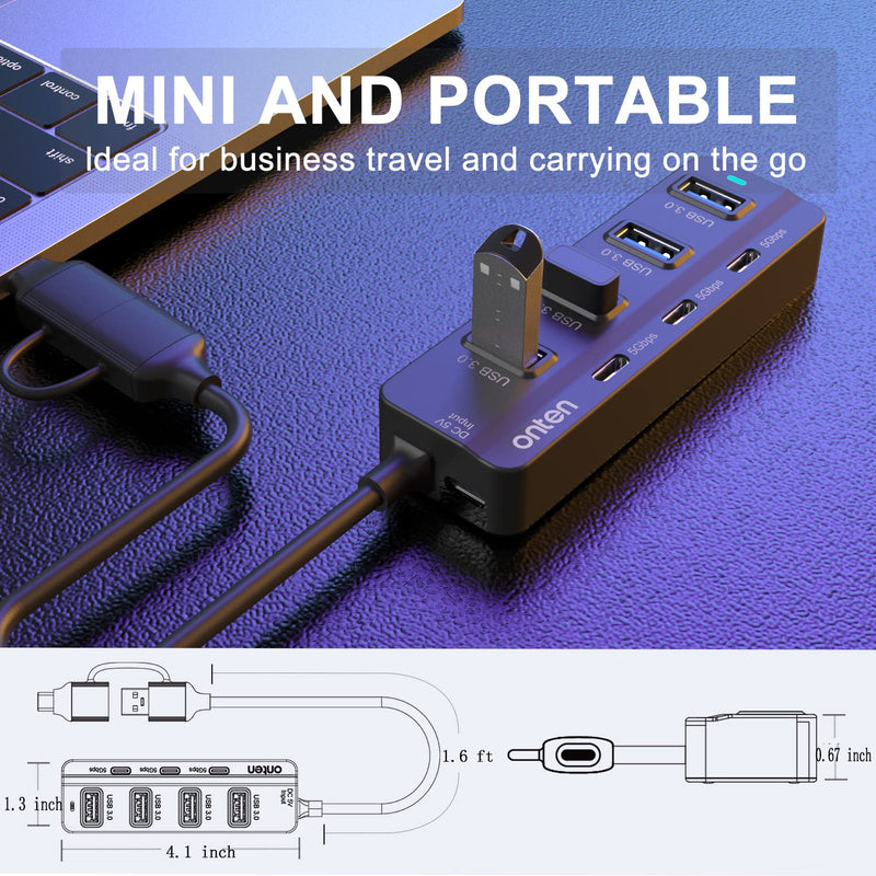 [Australia - AusPower] - Onten USB C Hub,7Port USB 3.0 Hub,USB C to USB C Adapter,USB Splitter with 1.6 ft Cable 4*USB3.0 Ports,3*USB C Ports for Laptop MacBook Surface Pro and More USB/USB C Devices 