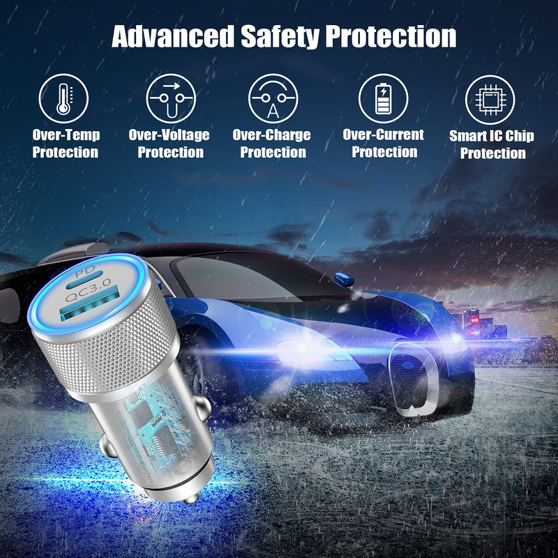 [Australia - AusPower] - [Apple MFi Certified] iPhone Fast Car Charger, Veetone 38W Dual Port USB C Power Delivery All Metal Car Adapter with 2 Pack Lightning Cable, PD/QC 3.0 Type C Rapid Car Charging for iPhone/iPad/Airpods Silver 