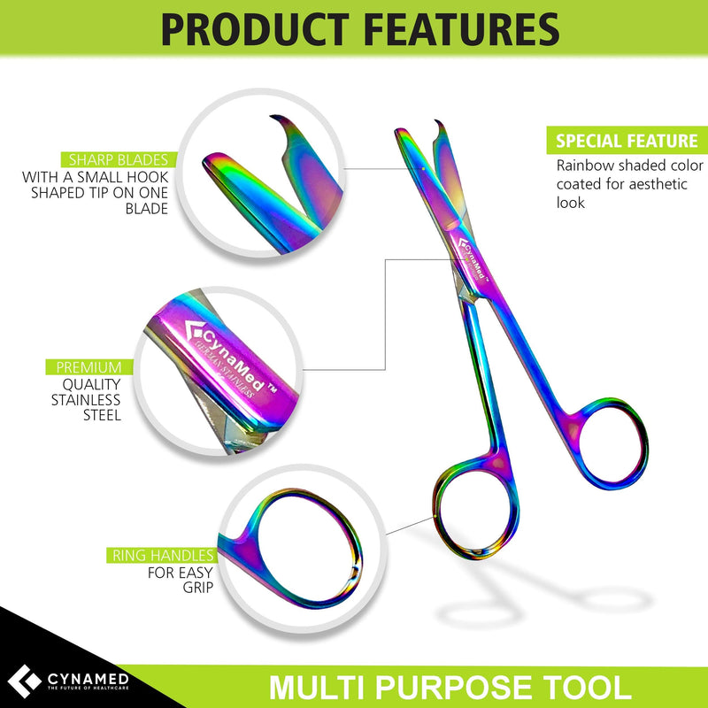 [Australia - AusPower] - Cynamed Suture Stitch Scissors with Multicolor/Rainbow Titanium Coating - Premium Quality Instrument- Delicate Hook - Perfect for Suture Removal, First Aid, EMS Training and More (4.5 in. - Straight) Straight Hook 