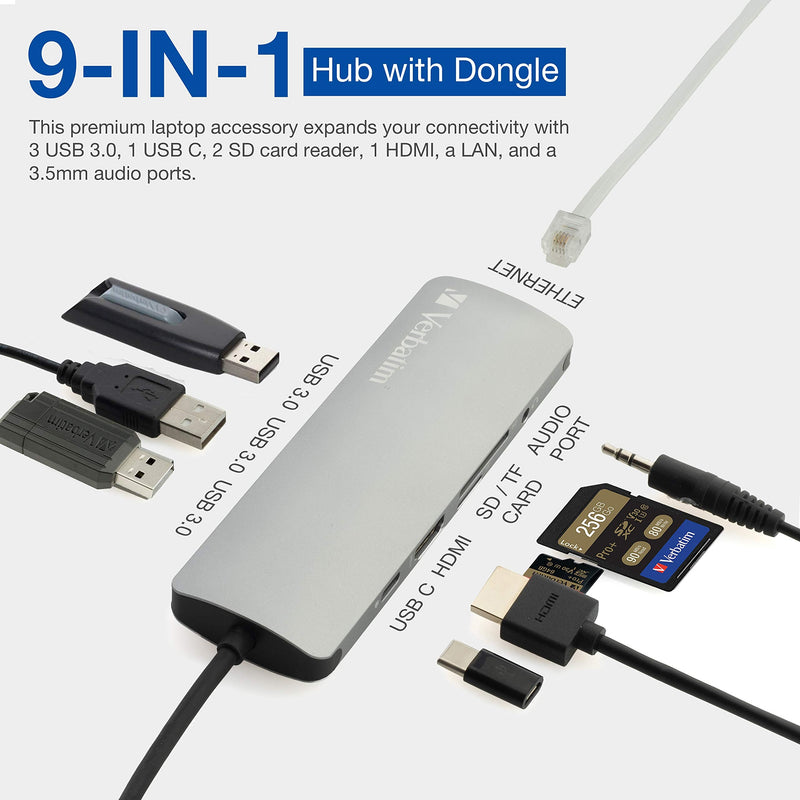 [Australia - AusPower] - Verbatim® 9-in-1 USB C Hub Adapter with 4K HDMI, 100W Power Delivery, USB 3.0, SD Card Readers, Gigabit LAN, 3.5mm Port for USB C Laptops 9 in 1 Hub 