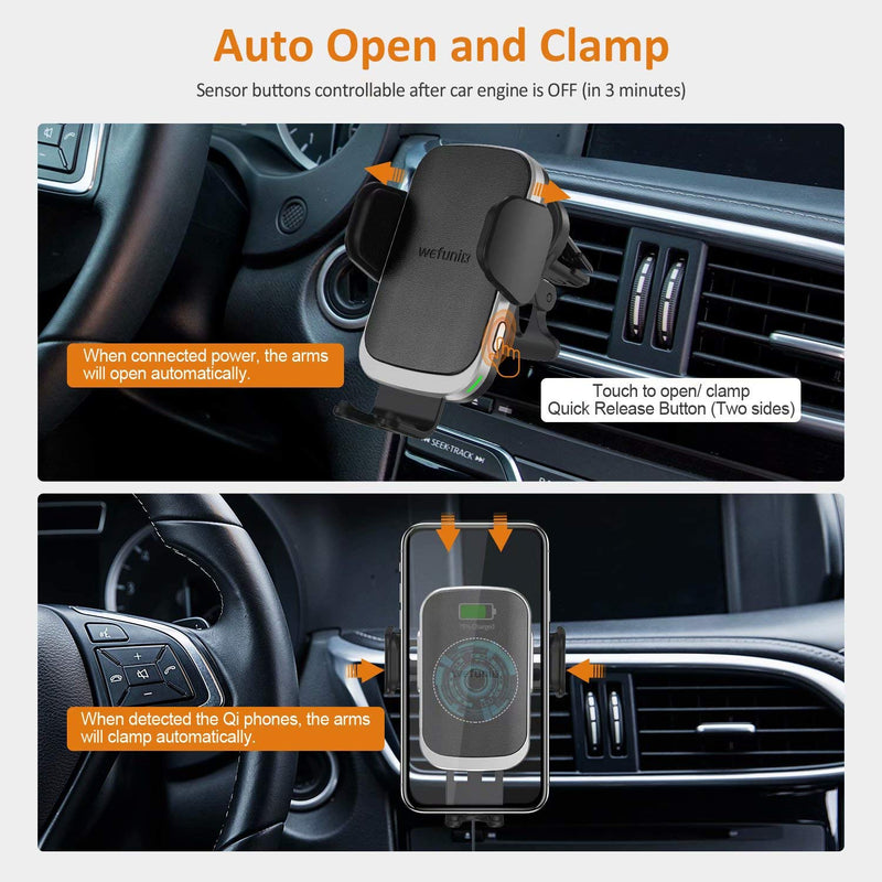 [Australia - AusPower] - 15W Auto Wireless Car Charger Phone Holder Upgraded 2022 Version Fast Qi Automatic Clamping Charging Mount Dock Compatible with iPhone 13/12/11 Pro Max/XR/Xs/SE, Samsung S21 S20 S10 Note 20 10-Wefunix Black+Silver 