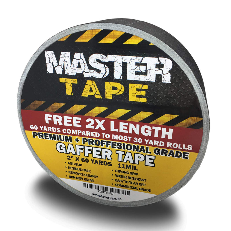 [Australia - AusPower] - Gaffers Tape Double Size Roll = 60 Yard / 180 Feet | 2 inch X 60 Yards | Real Premium Grade Professional Gaffer Tape Black, DJ Pro Gaff Tape Black | Easy Tear Gaffing Tape Black | True 2" Width 