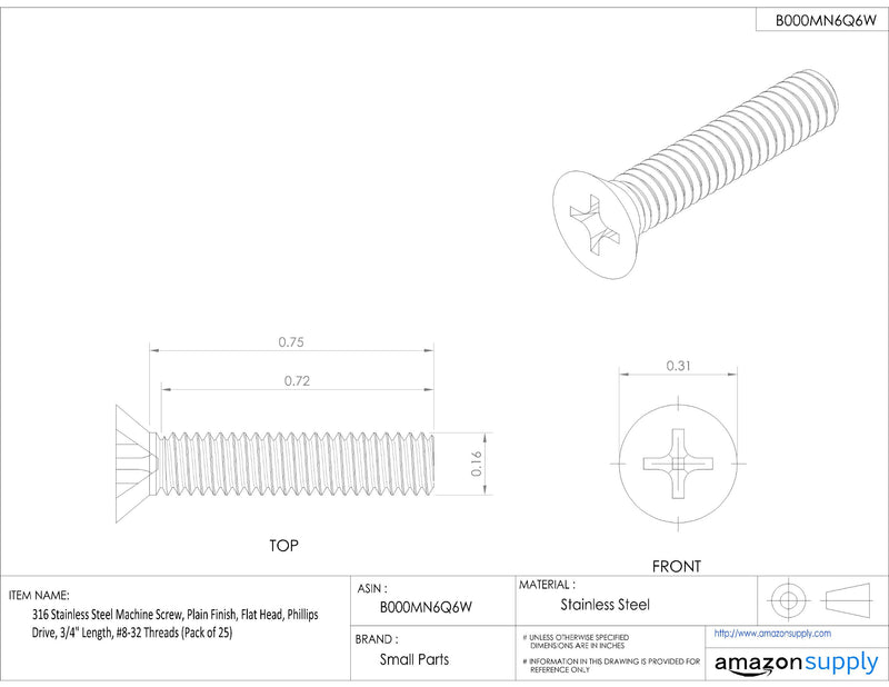 [Australia - AusPower] - 316 Stainless Steel Machine Screw, Plain Finish, Flat Head, Phillips Drive, 1/2" Length, #10-24 Threads (Pack of 25) #10-12 Fully Threaded 1/2" Inches 
