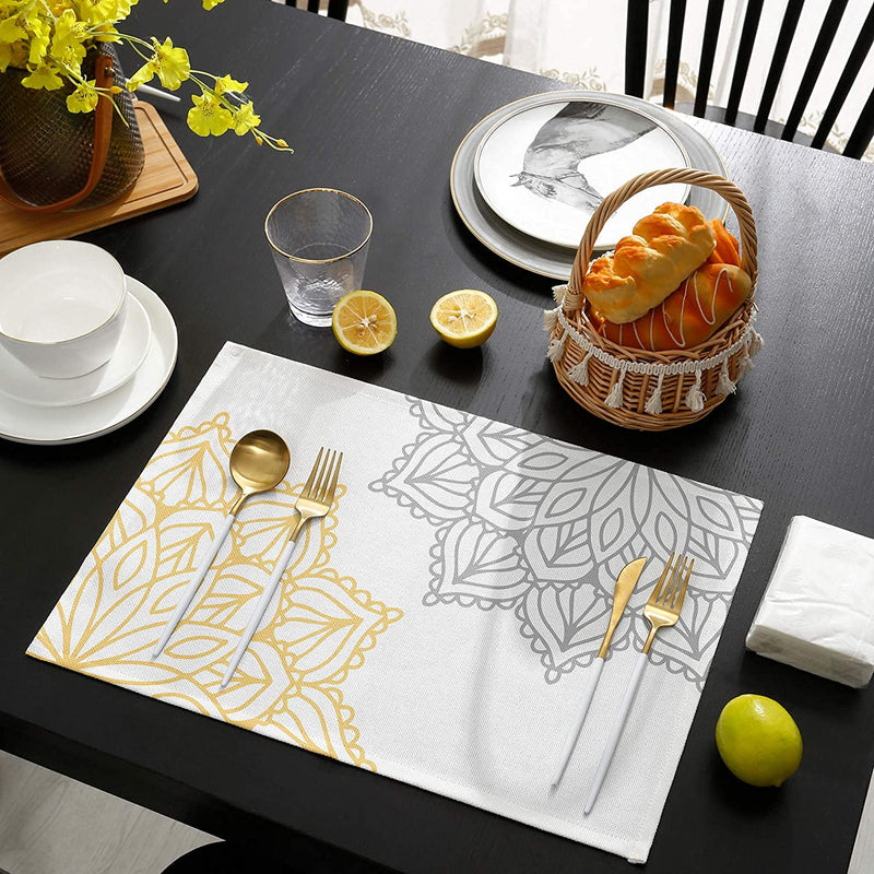 [Australia - AusPower] - Elegant Dahlia Flowers Yellow Grey Placemats Set of 6, Cotton Linen Heat Resistant Table Mats Non-Slip Washable Placemat for Holiday Banquet Dining Kitchen Table Decor Floral-095ase6657 