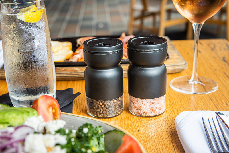 [Australia - AusPower] - HOME EC Glass Salt and Pepper Shakers Set with Adjustable Pour Holes - Stainless Steel Salt Shaker and Pepper Shaker - Farmhouse Salt and Pepper Shaker Set for Himalayan, Kosher Sea Salts & Spices Black 