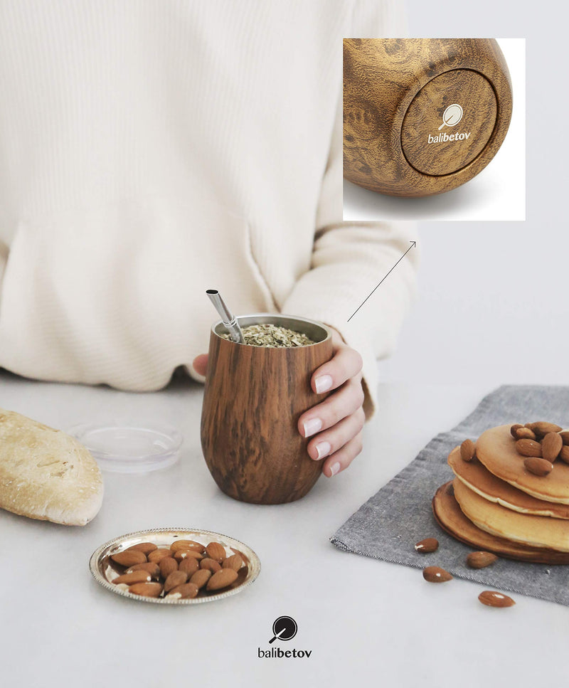 [Australia - AusPower] - BALIBETOV Modern Mate Cup And Bombilla Set (Yerba Mate Cup) -Yerba Mate Set includes Double Walled 18/8 Stainless Steel Mate Tea Cup, Two Bombilla Mate (Straw) and a Cleaning Brush (Wood, 12) Wood 12.0 ounces 