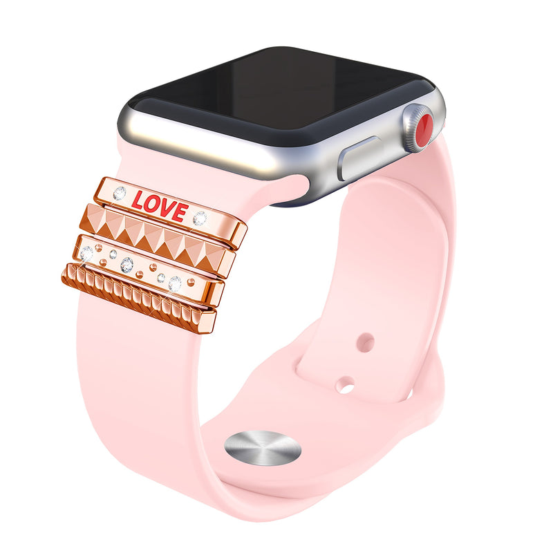[Australia - AusPower] - GELISHI 4pcs Sparkles Metal Decorative Loops with Rhinestones Alphabet Inlay Compatible for Apple Watch Silicone Band Accessories 38mm 40mm Series 6/5/4/3/2/1 - Rose Gold 