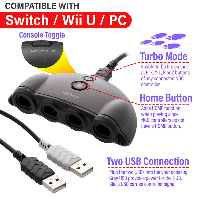 [Australia - AusPower] - Nyko Retro Controller Hub Plus - Gamecube Controller Adapter for Nintendo Switch, Connect up to 4 Controllers with Turbo and Home Button, Compatible with Super Smash Bros 4 Ports Plus 