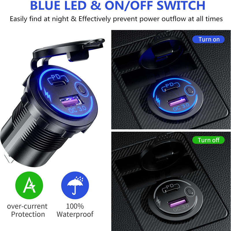 [Australia - AusPower] - KEWIG PD Type C & Quick Charge 3.0 Dual USB Charger Socket Waterproof 30W 12V 24V USB Outlet Dual Charger Fast Charge with ON/Off Switch and Blue LED DIY Kit for Car Boat Marine RV ATV, 2 Pack 