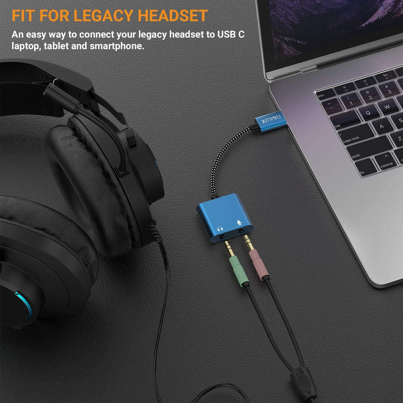 [Australia - AusPower] - Cubilux USB C Headphone & Microphone Adapter, Type C to 3.5mm TRS Audio & MIC Y Splitter for Headset Compatible with MacBook Pro/Air, 2020/2018 iPad Pro iPad Air 4, Samsung S21/S20 Ultra Note 20/10 USB C, HP MIC Blue 