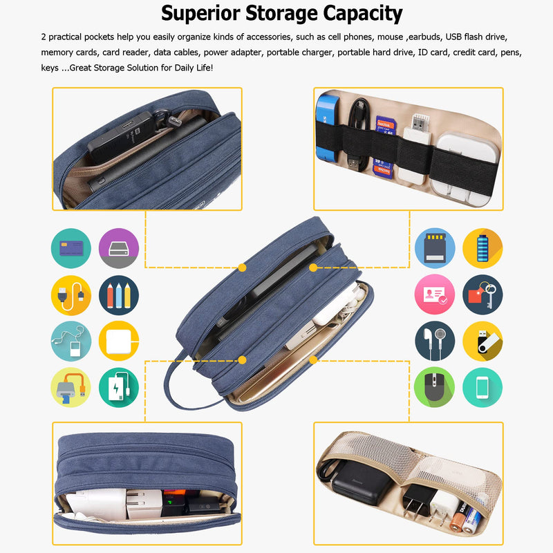 [Australia - AusPower] - Electronics Organizer Travel Case Cord Cable Organizer Bag Portable Waterproof Double Layers All-in-one Storage for Charger Mouse Earbud USB Drive Healthcare Grooming Kit Blue 9*4*3.5 Inches-Double Layers 