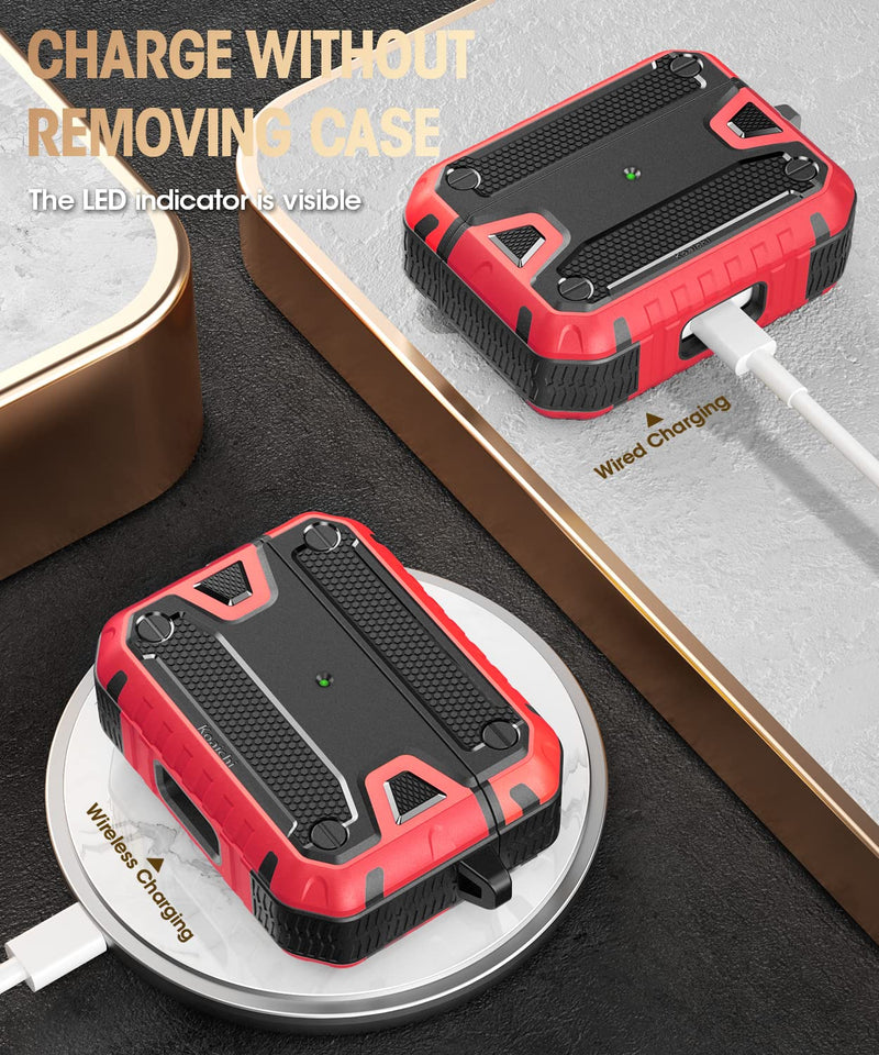 [Australia - AusPower] - Koaichi Compatible with AirPods Pro(2nd Generation/1st Generation), Full-Body Rugged Hard Shell Protective Case Cover with Keychain Designed for AirPods Pro (2022/2019), Black/Red 