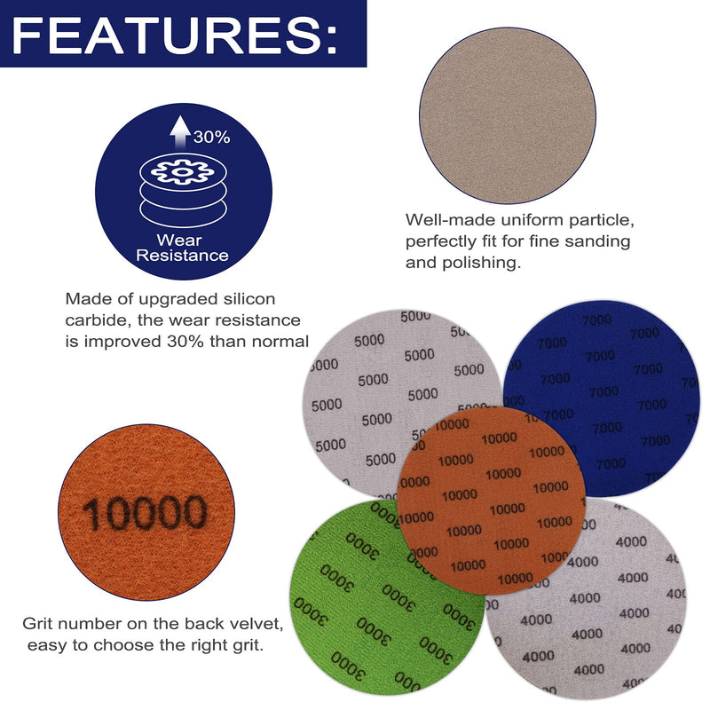 [Australia - AusPower] - Water Grit Sandpaper 3000/4000/5000/7000/10000 and 5-inch Backing Pad Set, Wet Dry Electric Hook &Loop Sanding Disc with Pad, Grinding Abrasive Paper and Orbital Sander Polisher 