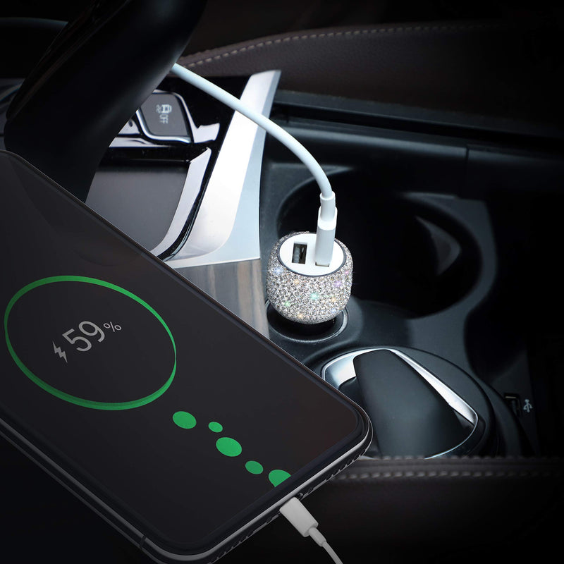 [Australia - AusPower] - Dual USB Car Charger,SAVORI Car Adapter Bling Bling Rhinestones Crystal Car Decorations for Fast Charging Car Decors for iPhone Xs Max X Plus, iPad Pro/Mini, Samsung White 