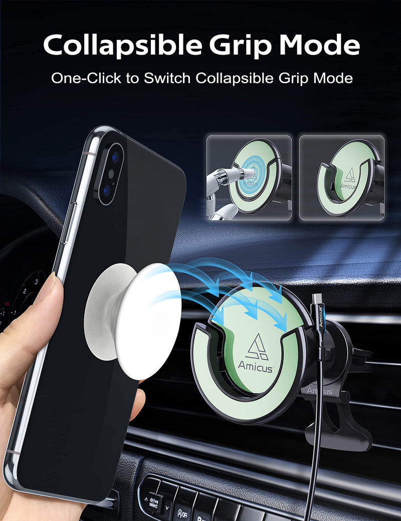 [Australia - AusPower] - Dual Magnetic Car Vent Phone Holder Mount for iPhone 13/12 Series,One Touch Switch to Collapsible Grip/Socket Mount Holder Compatible with Magsafe Case/Charger/Tablets/All Smartphones,Wipe Green Wipe Green 