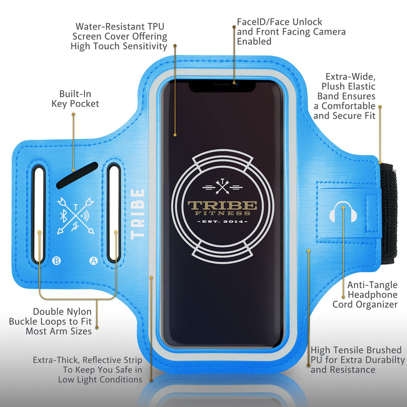 [Australia - AusPower] - TRIBE Water Resistant Cell Phone Armband Case Running Holder for iPhone Pro Max Plus Mini SE (13/12/11/X/XS/XR/8/7/6/5) Galaxy S Ultra Plus Edge Note (21/20/10/9/8/7/6/5) Adjustable Strap & Key Pocket Light Blue 