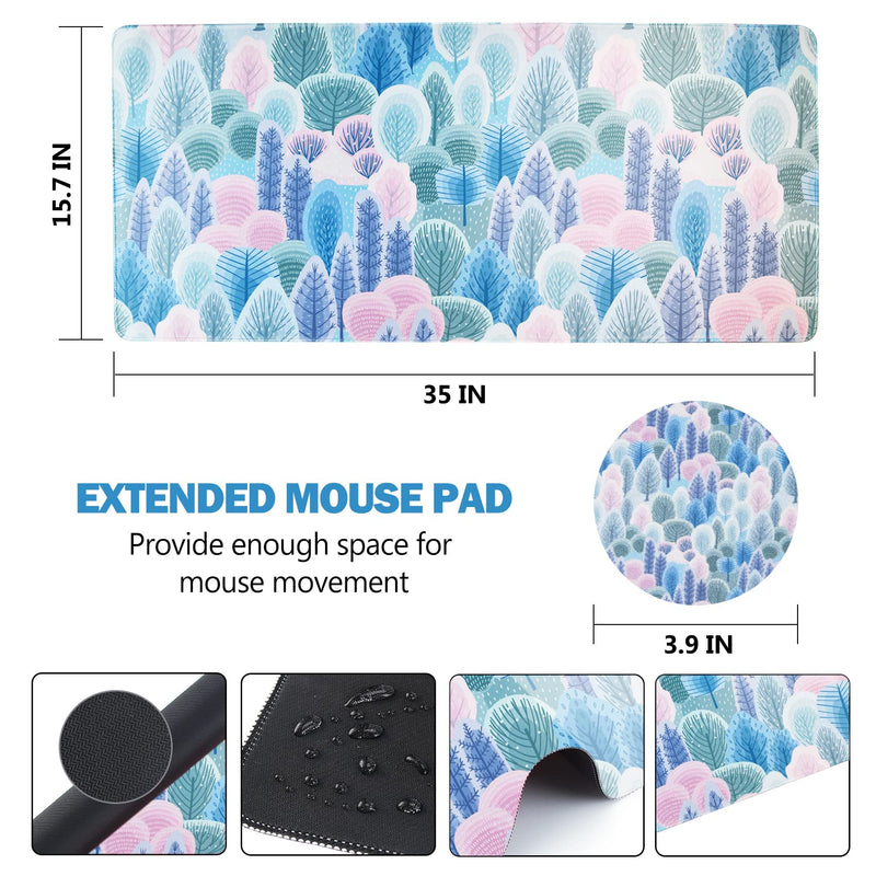 [Australia - AusPower] - AIMSA Extended Gaming Mouse Pad, XL Large Keyboard Mouse Mat Desk Pad with Stitched Edges, Durable Non-Slip Base Mousepad for Home Office, 35x15.7inch, Abstract Trees and Cactus 