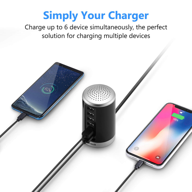 [Australia - AusPower] - USB Wall Charger, Nexwell 30W 6-Port Desktop Charger USB Charging Station with Smart Identification Technology for iPhone, iPad, Android and Virtually All Other USB Enabled Devices 30W Silver & Black 