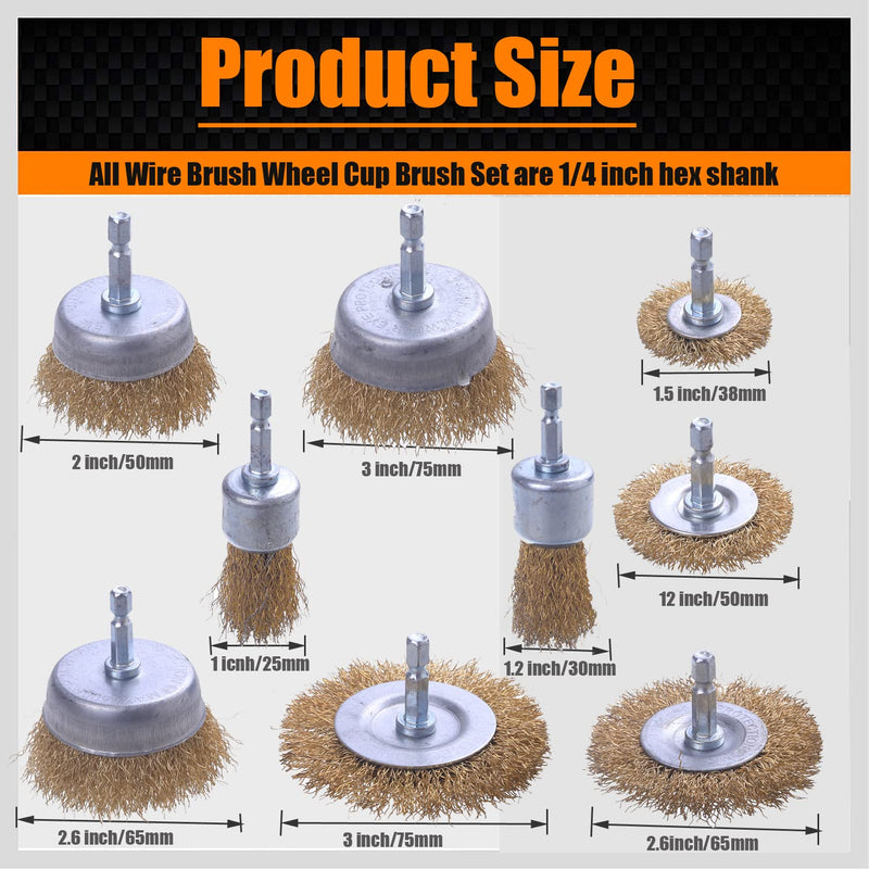 [Australia - AusPower] - WENORA 9 Pack Drill Wire Brush End Brush Set, Wire Brush for Drill 1/4 Inch Hex Shank- Coarse Brass Coated Crimped Wire Wheel for Used to Clean Rust, Flakes and Abrasives Drill Attachment 