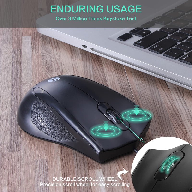 [Australia - AusPower] - VCOM Wired USB Mouse with 6-Foot Cord & 1200 DPI, Right or Left Hand Use for Work Study Home, 3-Button Ergonomic Optical Mouse Compatible with PC Laptops Desktop Computer Windows Vista Linux, Black 1-Pack 