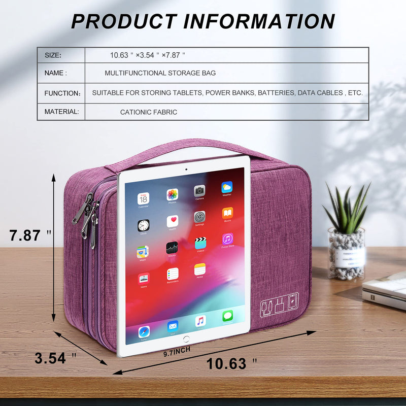 [Australia - AusPower] - Electronic Bag Travel Cable Accessories Bag Waterproof Double Layer Electronics Organizer Portable Storage Case for Cable, Cord, Charger, Phone, Adapter, Power Bank, Kindle, Hard Drives Purple 