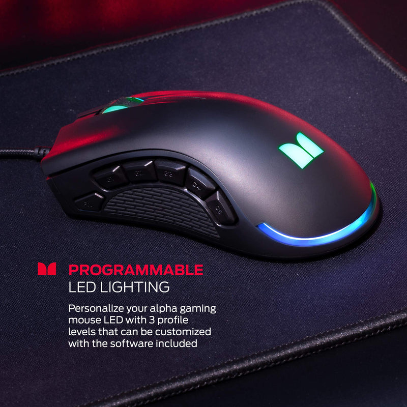 [Australia - AusPower] - Monster Alpha 9.0 RGB Wired Gaming Mouse, Customizable Buttons, Programmable LED Lighting, True 16,000 Adjustable DPI, Ergonomic Optical PC Gaming Mouse with Customizable Software – for PC Gaming 